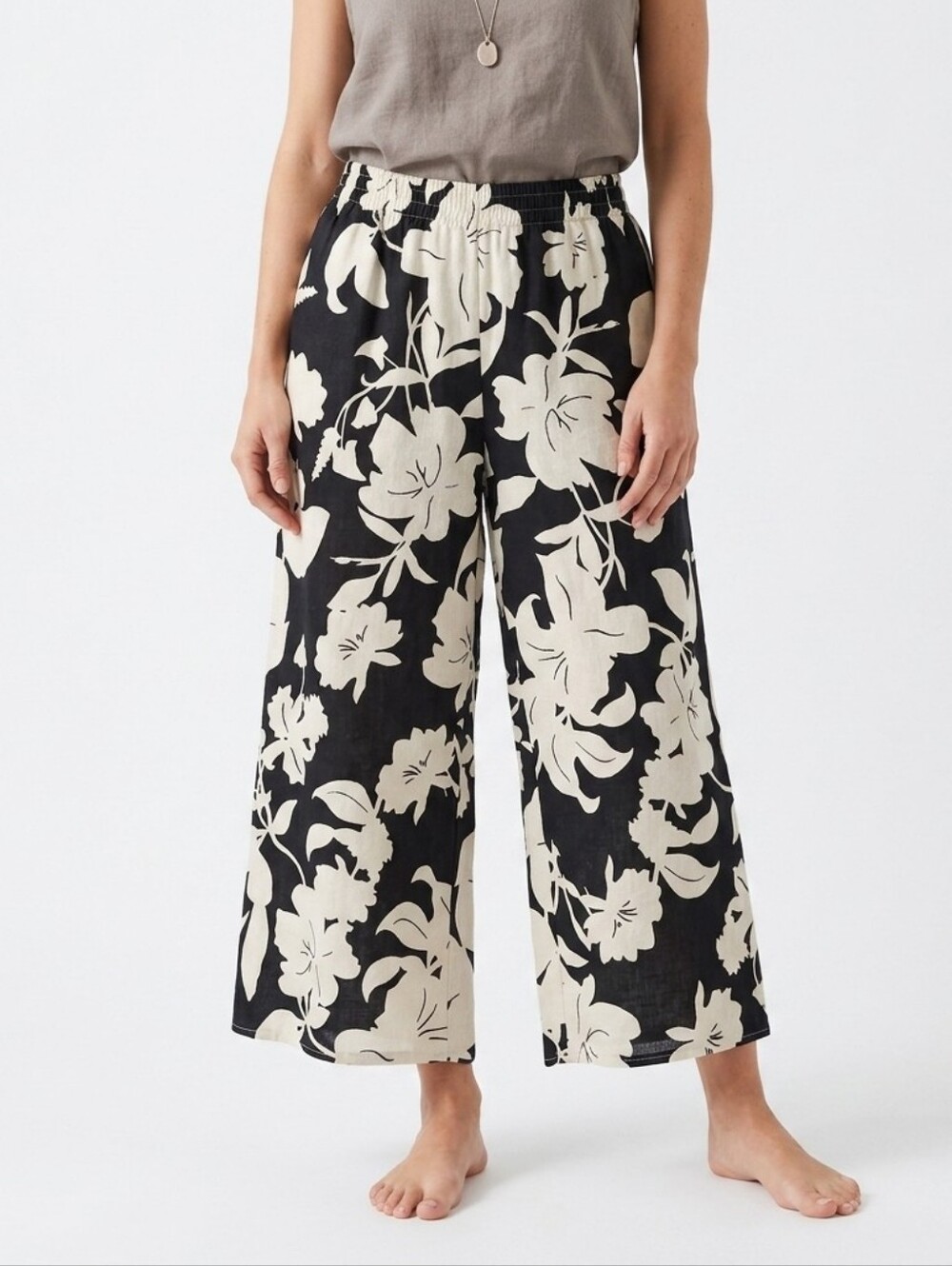 Christian Siriano Pants Womens 1X Black Beige Floral Linen Blend Wide Leg Crop